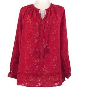 Chico’s 2 (L) Red Jacquard Tie Front V-Neck Blouse Tunic Great for holidays